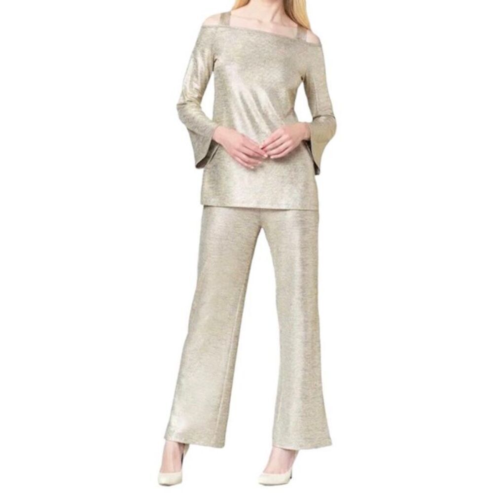 NWOT Clara Sun Woo Gold Lamé Open Shoulder Bell Sleeve Top and Classic Side Slit